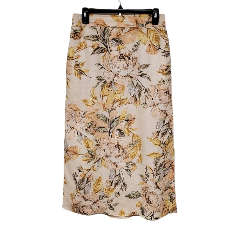 Nicole Miller 100% Linen Floral Midi Skirt Size Small Pocket Preppy Beach